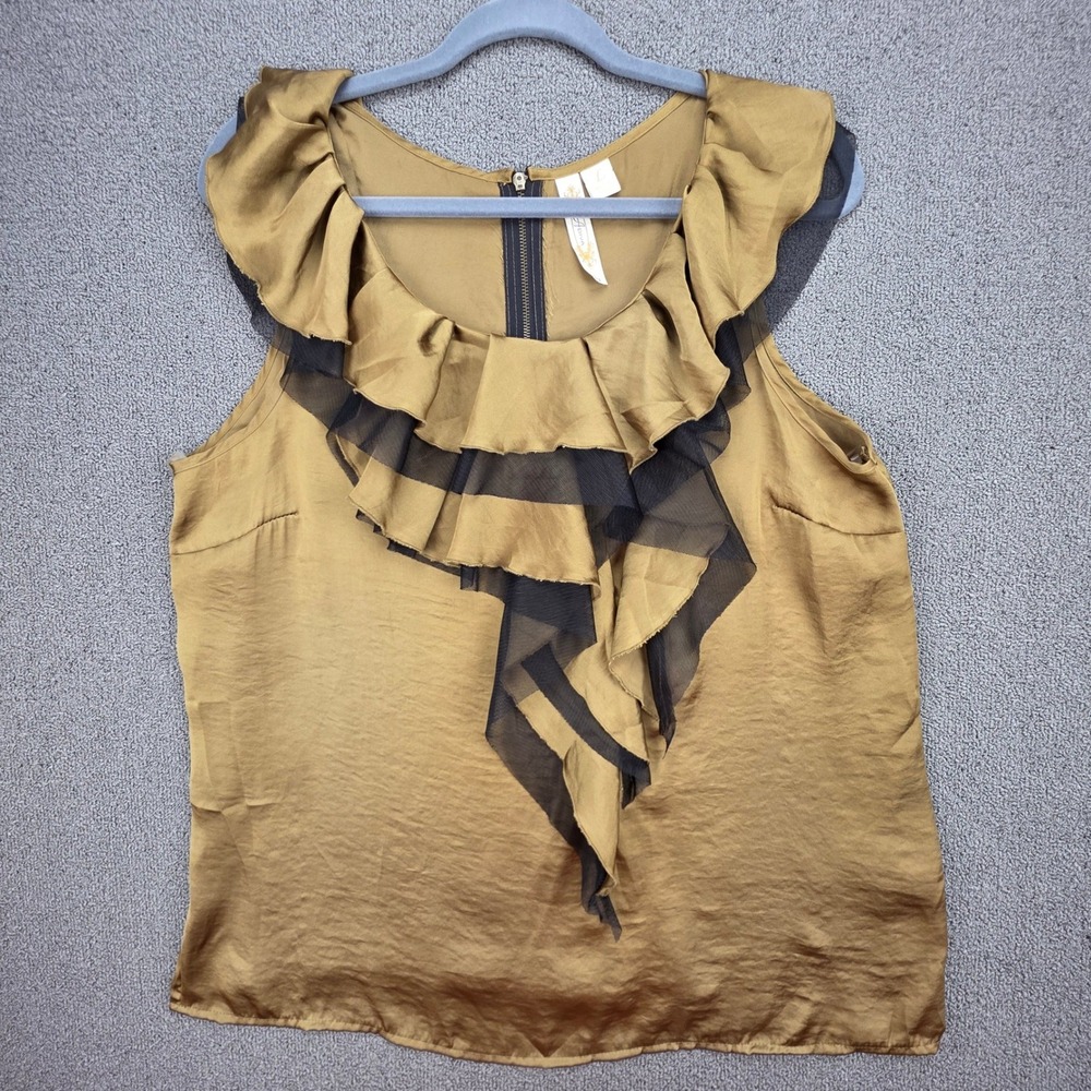 Adiva Ruffle Mesh Sleeveless Blouse‎ Womens Gold Romantic Satin Top L